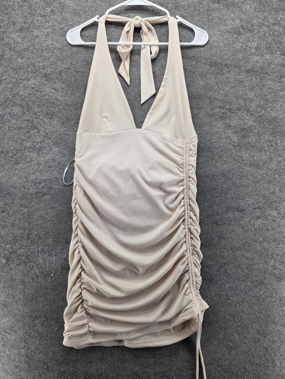 COTTON CANDY LA Dress Womens L Beige Bodycon Mini Halter Ruched Strappy Tie